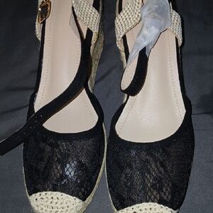 Fashion Nova Black Lace Espadrille Wedges with Cream Braided Trim